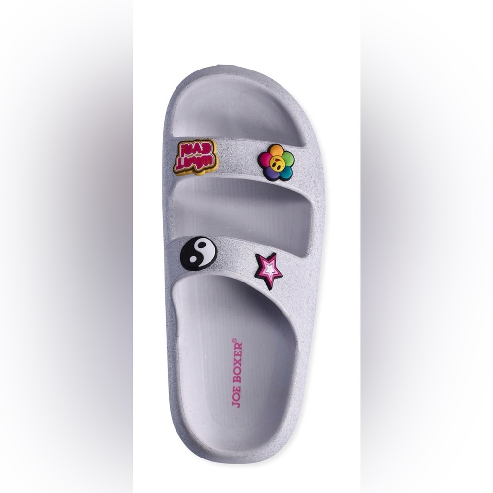 Women’s Glitter Slide Sandals Double Banded with 70s Style Emoji Charms - Picture 4 of 6